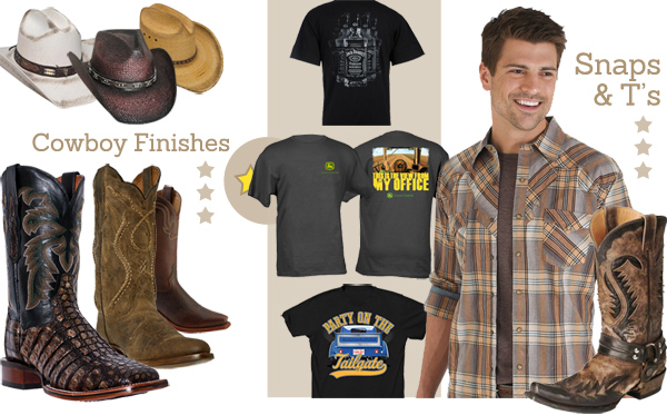 Men's Western Cowboy hats, leather boots, and shirts for WYCD Downtown Hoedown