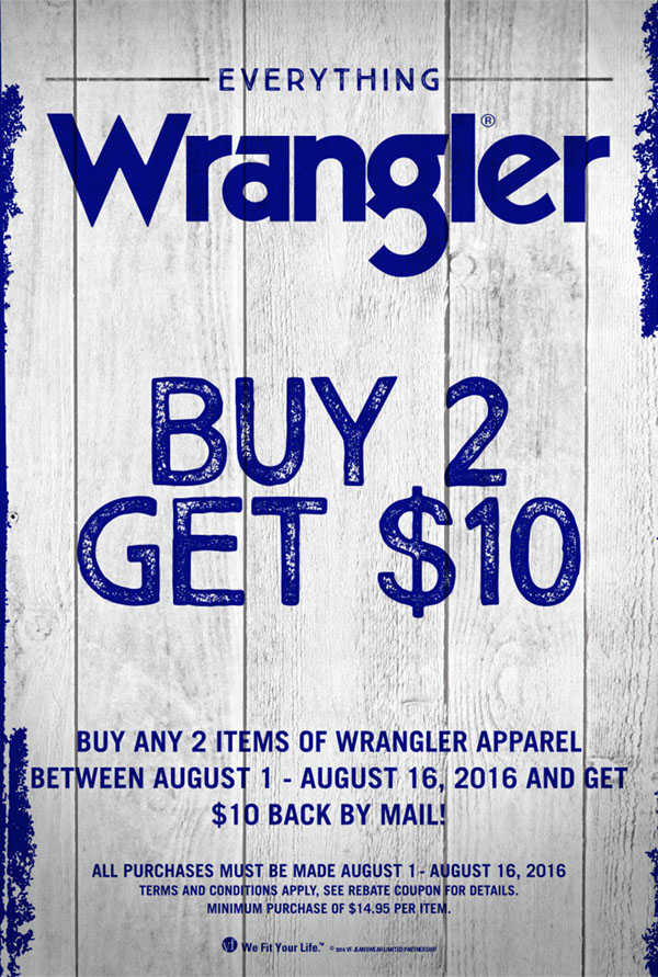 Buy 2 Get $10 Rebate on Wranglers at Scott Colburn Boots and Western Wear