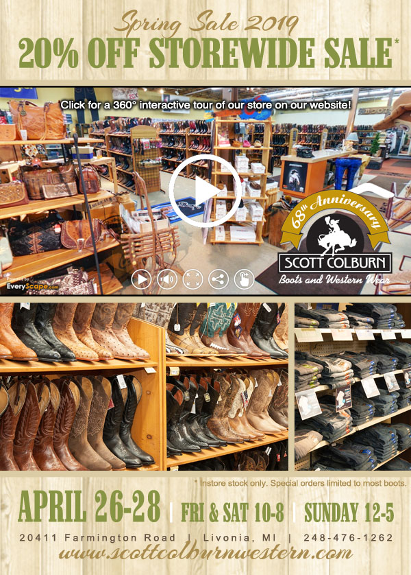 Scott Colburn Boots and Western Wear 20% off storewide Spring Sale